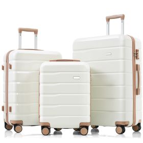 Premium ABS Travel Luggage Set , 3-Piece TSA Lock Suitcase Ensemble with 20, 24, and 28 Inch Sizes with 360° Spinner Wheels, ivory and golden
